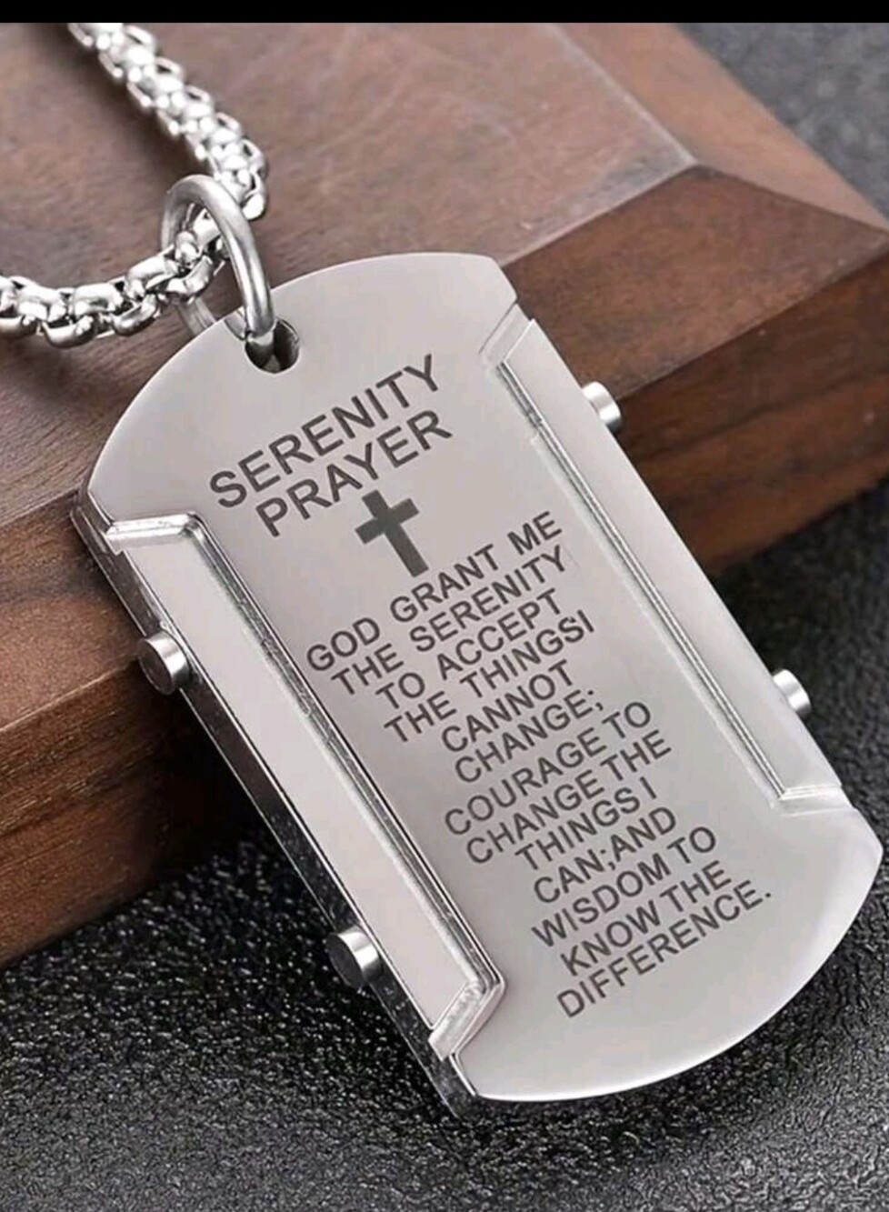 Stainless Silver Serenity Prayer Engraved Dog Tag Necklace